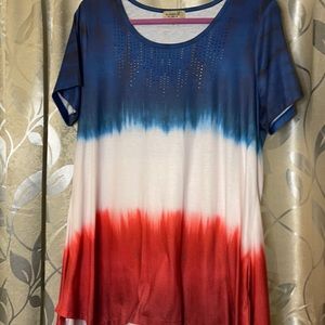 Blue, white, and red long T-shirt